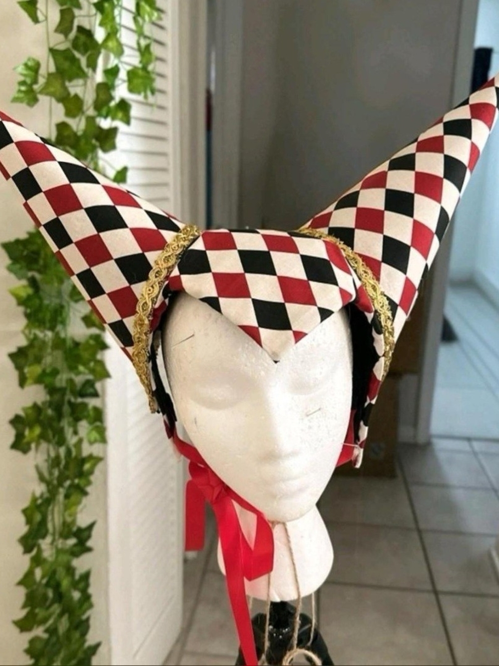Jester Clown Headpiece Hat in Red, Black & White